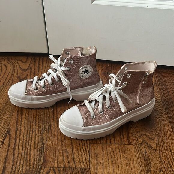 Converse Platforms Kids Sneakers in Glittery Pink and White, size 3.5Y - Picture 1 of 5